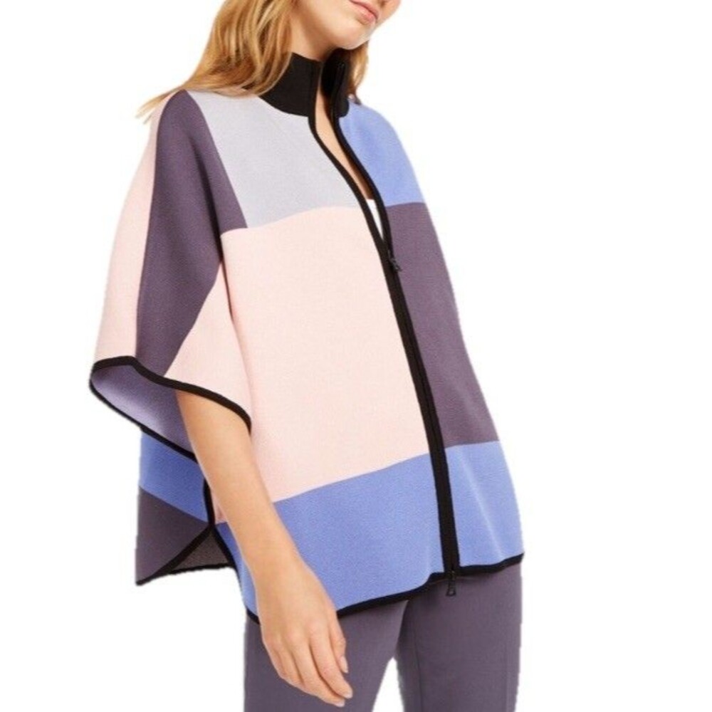 Anne Klein Pastel Pink Purple Color Block Zip Front Poncho Sweater Knit XS
